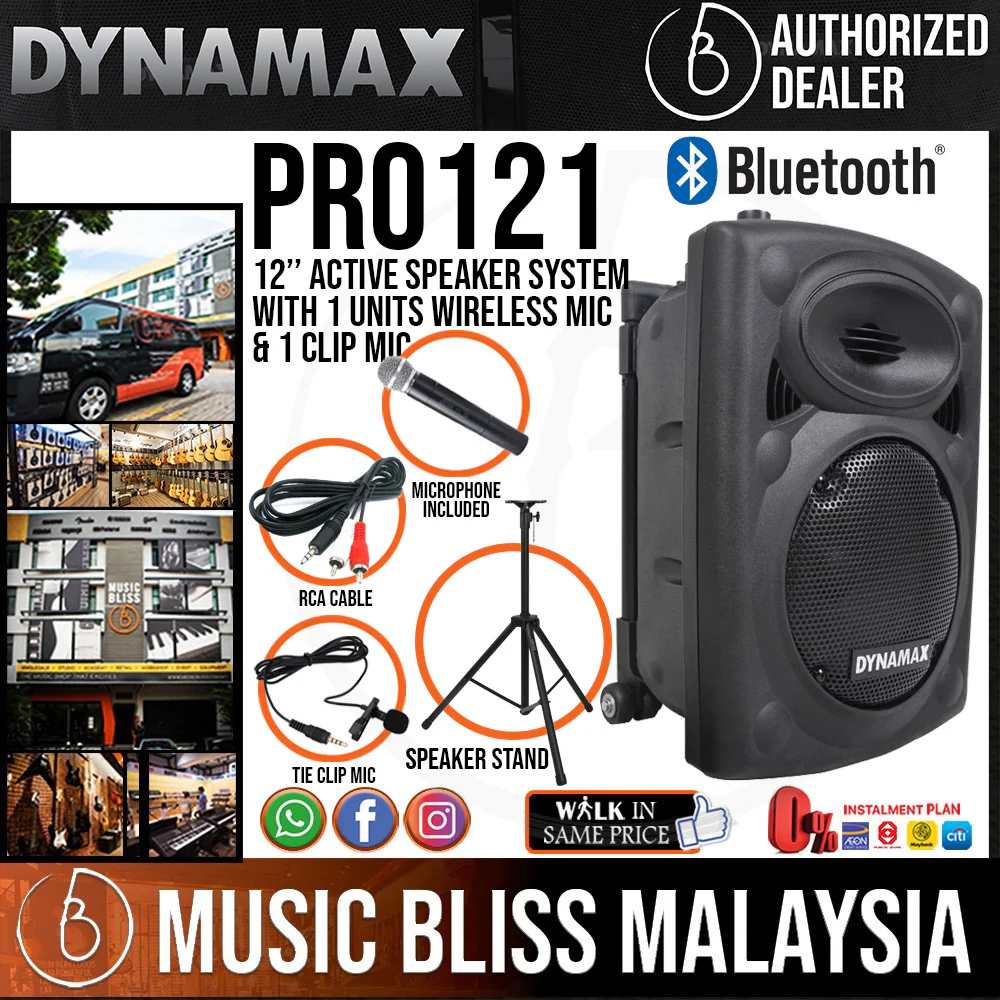 Dynamax PRO121CF 12" Active Speaker with USB, Bluetooth, 1 Handheld Microphone and 1 Clip Mic
