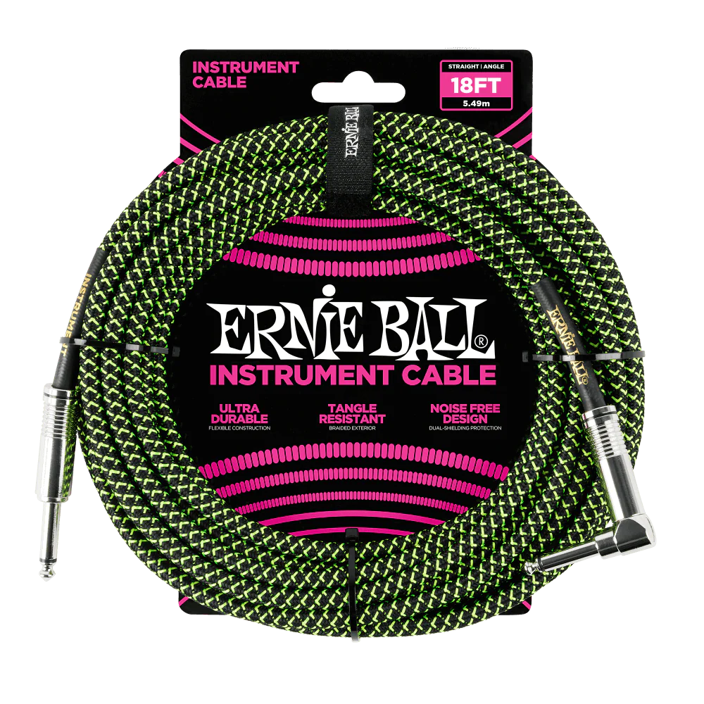 Ernie Ball 6082 18' Braided Straight / Angle Instrument Cable - Black/Green - Image 2