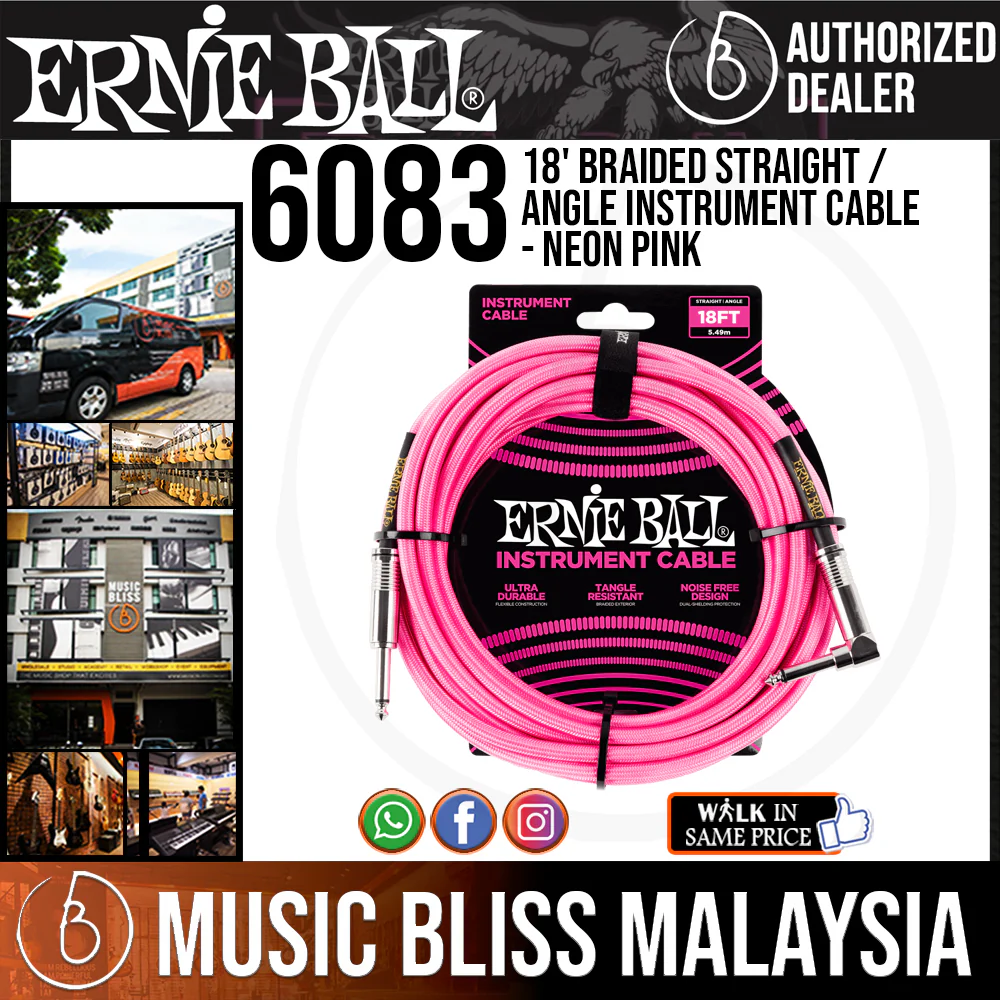 Ernie Ball 6083 18' Braided Straight / Angle Instrument Cable - Neon Pink