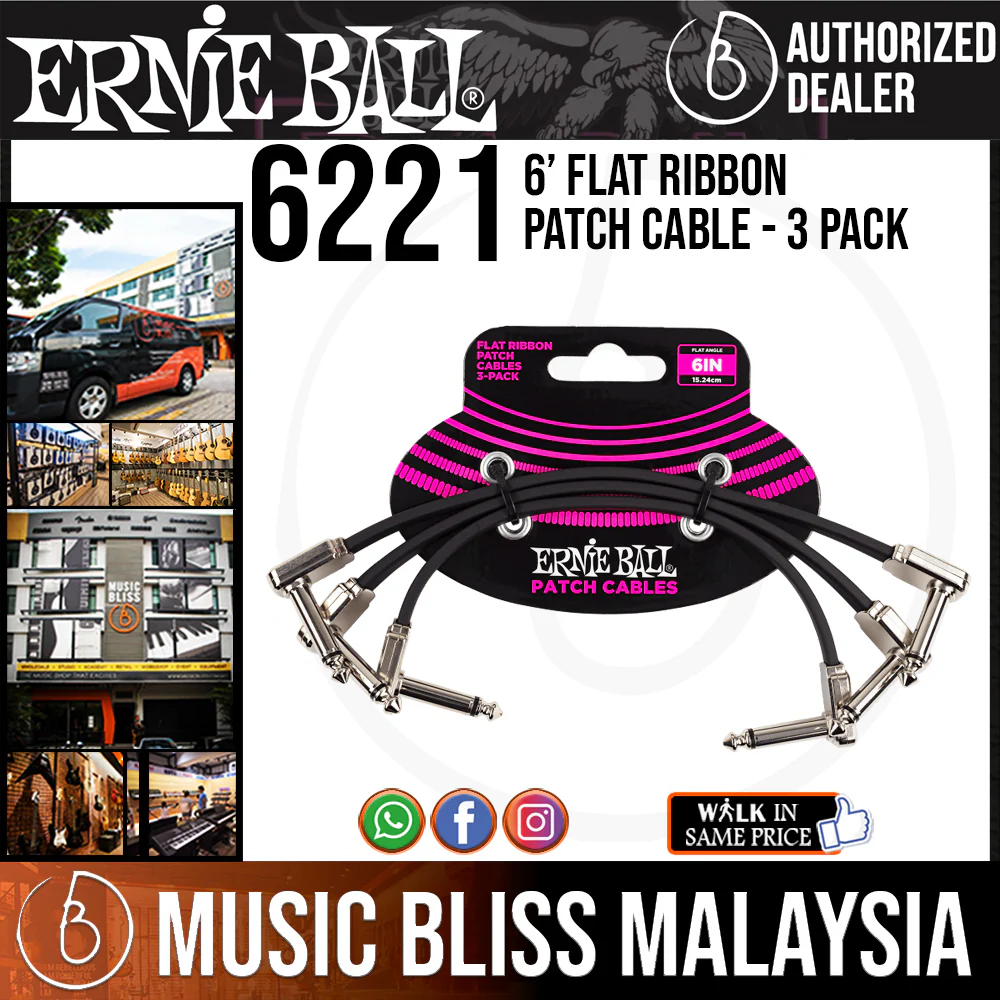 Ernie Ball 6221 6” Flat Ribbon Patch Cable - 3-Pack