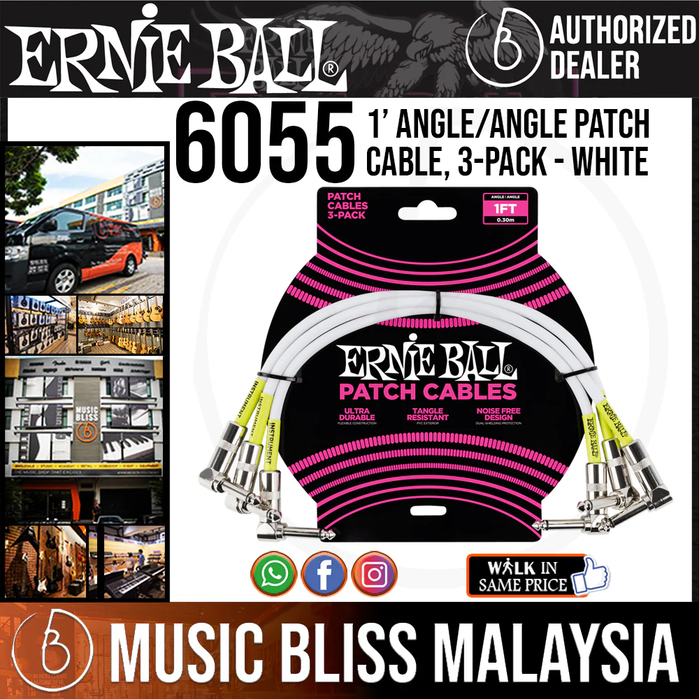 Ernie Ball 6055 1 Feet Angle/Angle Patch Cable, 3-Pack - White
