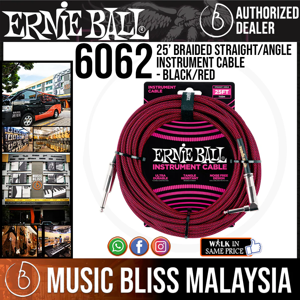 Ernie Ball 6062 25 Feet Braided Straight/Angle Instrument Cable - Black/Red