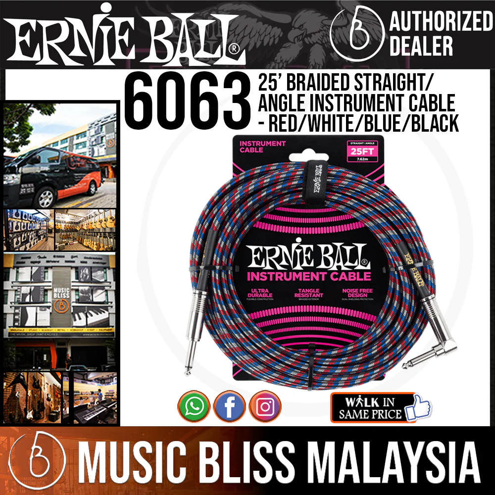 Ernie Ball 6063 25 Feet Braided Straight/Angle Instrument Cable - Red/White/Blue/Black
