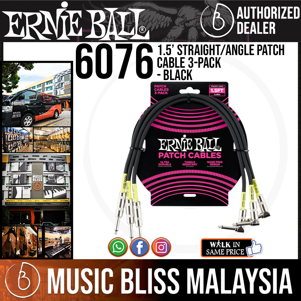 Ernie Ball 6076 1.5 Feet Straight/Angle Patch Cable 3-Pack - Black