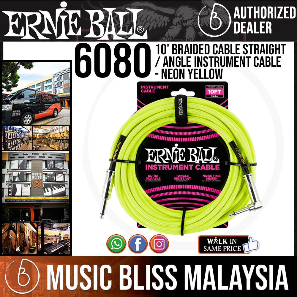 Ernie Ball 6080 10' Braided Cable Straight / Angle Instrument Cable - Neon Yellow
