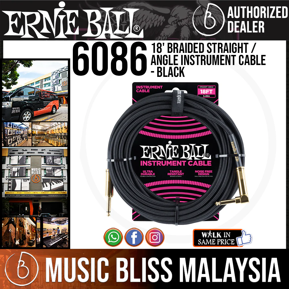 Ernie Ball 6086 18' Braided Straight / Angle Instrument Cable - Black
