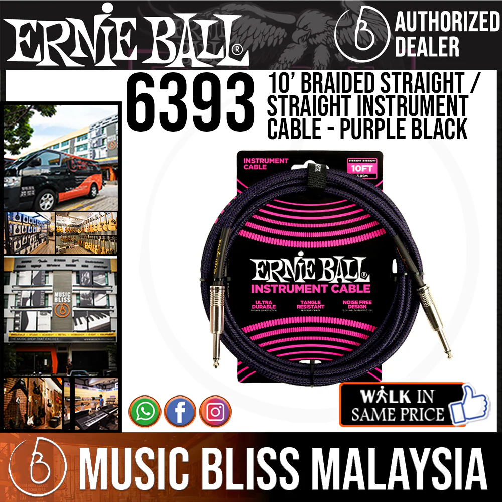 Ernie Ball 6393 10 Feet Braided Straight to Straight Instrument Cable - Purple Black