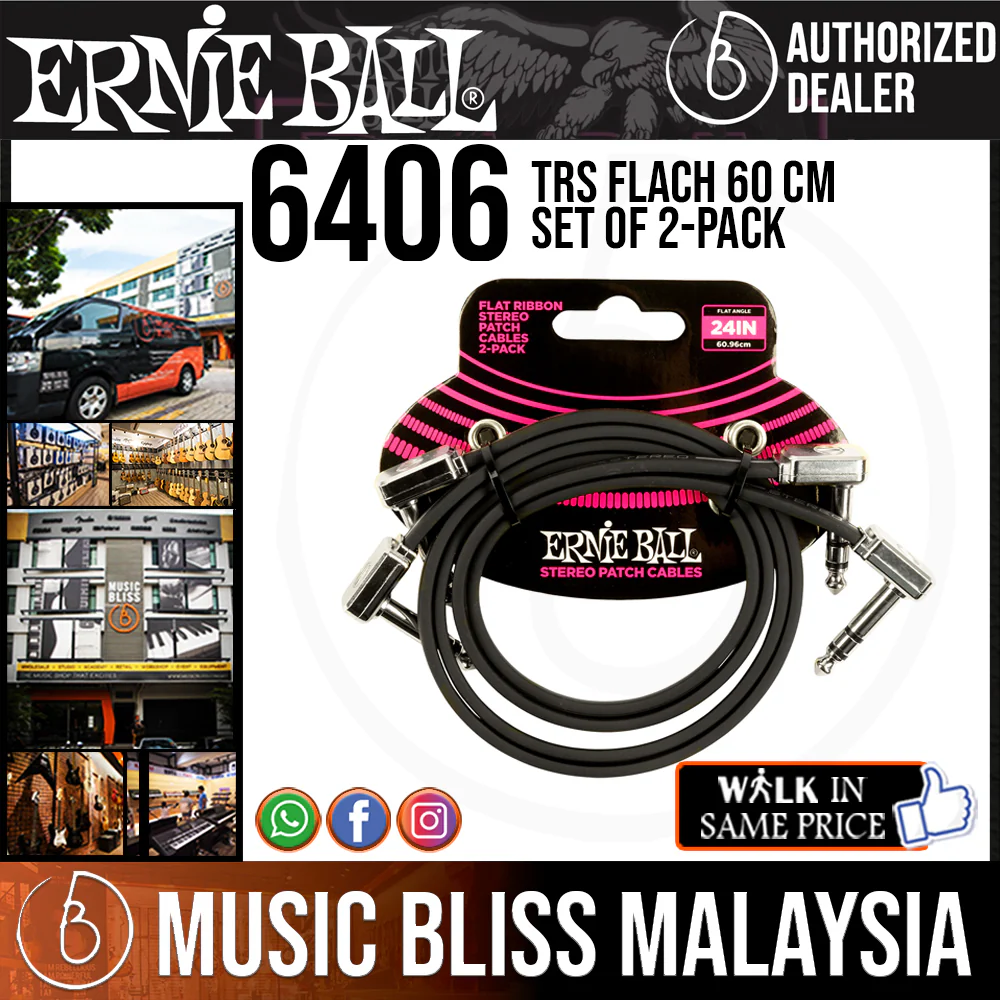 Ernie Ball 6406 24 Inch Flat Ribbon Stereo Right Angle to Right Angle Patch Cable - Black (2-pack)