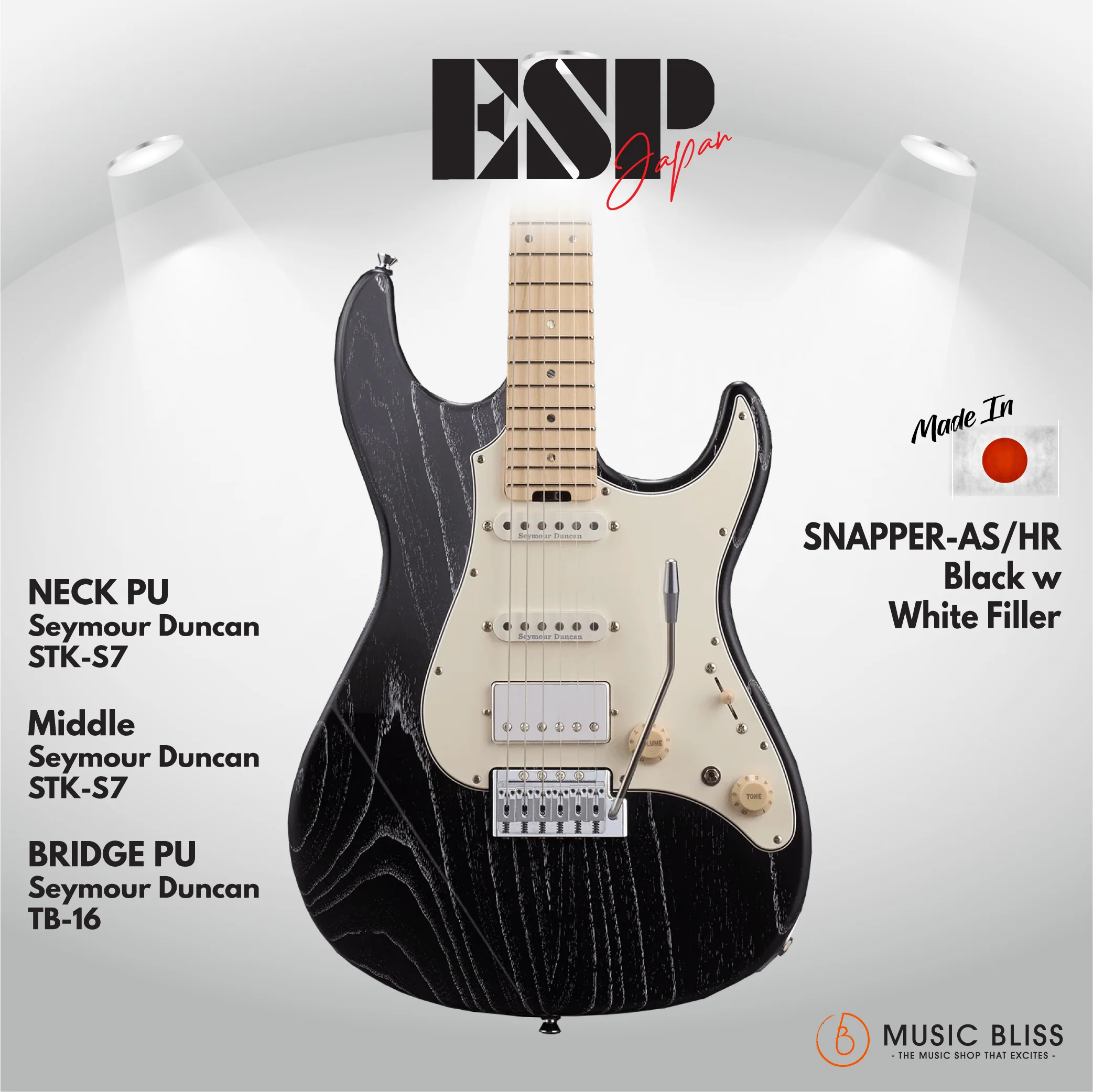 ESP Original SNAPPER-AS/HR - Black w/ White Filler [MIJ - Made in Japan]
