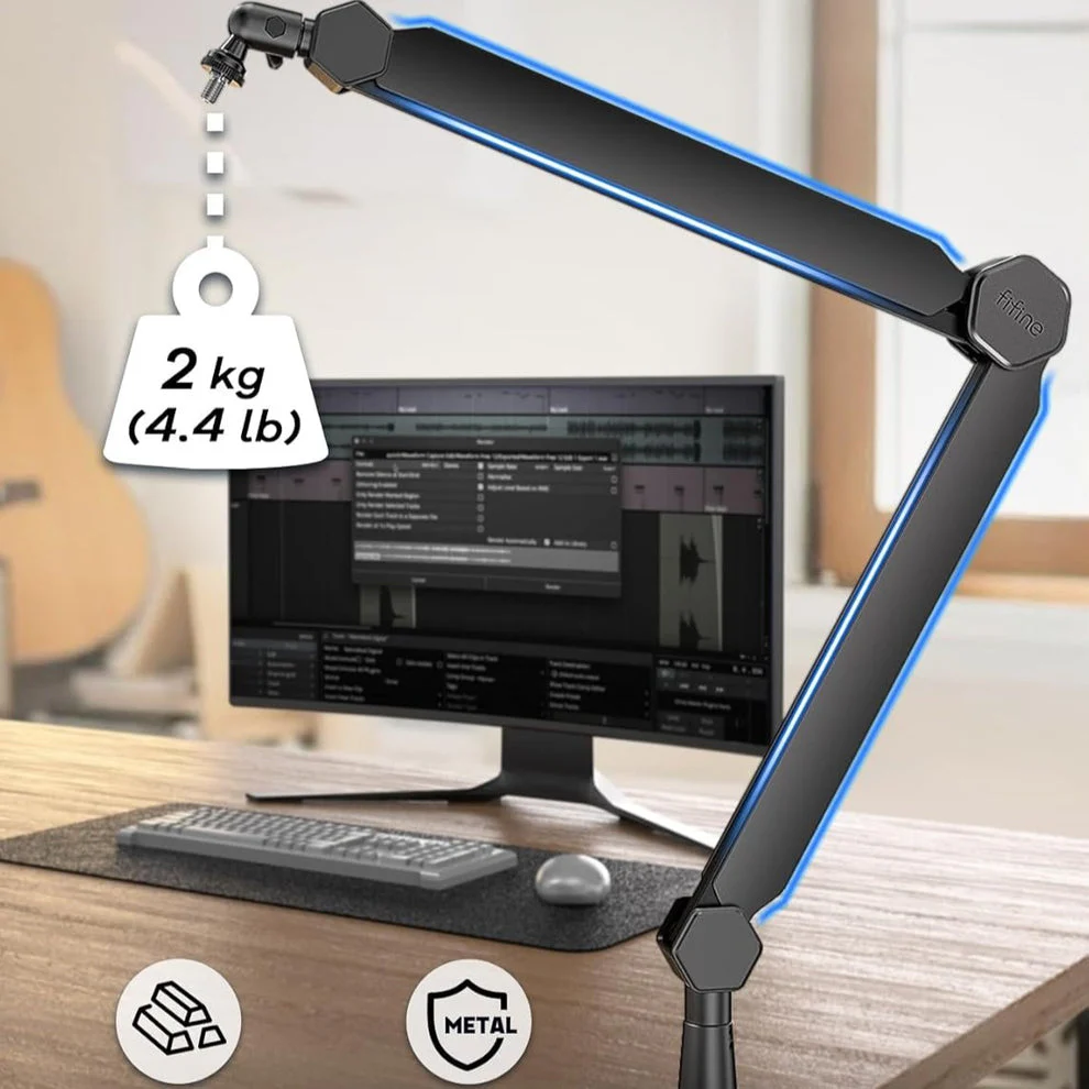 FIFINE BM66 Microphone Boom Arm Stand with Desk Clamp, Cable Channels, 3/8" to 5/8" Threads, Heavy Metal Microphone Stand for Podcast, Vocal Recording, Gaming - Image 5