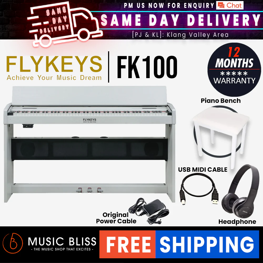 FLYKEYS FK100 88-Key Digital Piano Home Electric Piano Keyboard - White (FK-100 / FK 100)