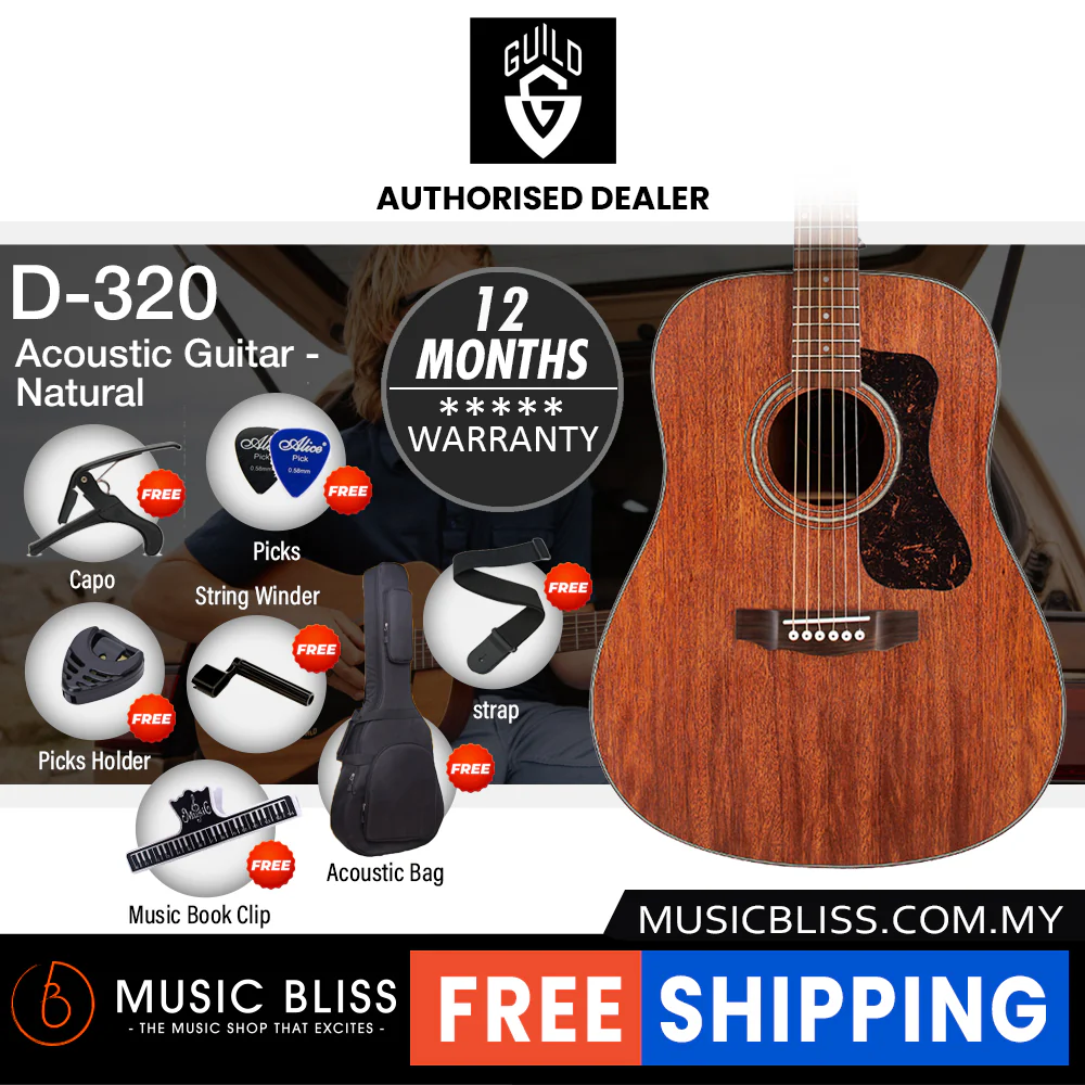 Guild D-320 Acoustic Guitar - Solid Mahogany Top, Mahogany Back & Sides - Natural