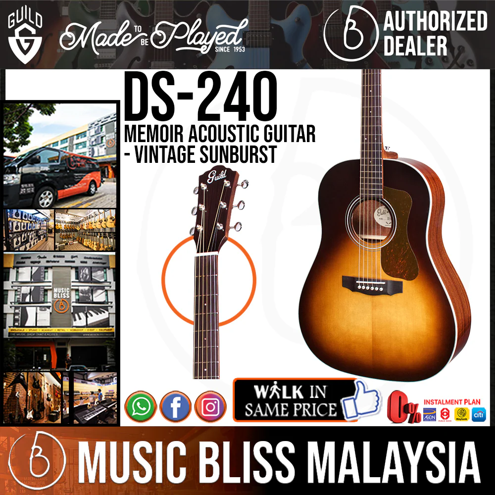 Guild DS-240 Memoir Acoustic Guitar - Vintage Sunburst, Solid Spruce Top, Mahogany Back & Sides