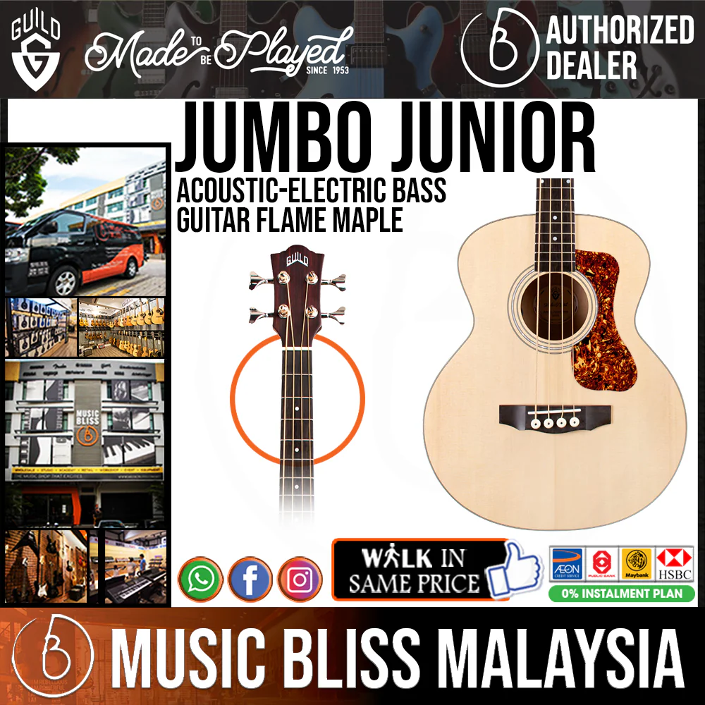 Guild Jumbo Junior Acoustic-Electric Bass Guitar Flame Maple - Solid Spruce Top, Flamed Maple Back & Sides