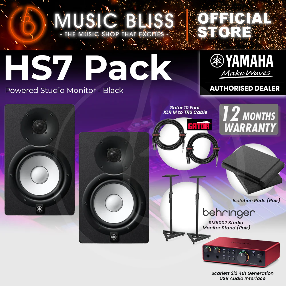 Yamaha HS7 Powered Studio Monitor Speaker Black (Pair) and Focusrite Scarlett 2i2 4th Gen USB Audio Interface Home Studio Bundle with Behringer Studio Monitor Stands, Isolation Pads & Gator Cables