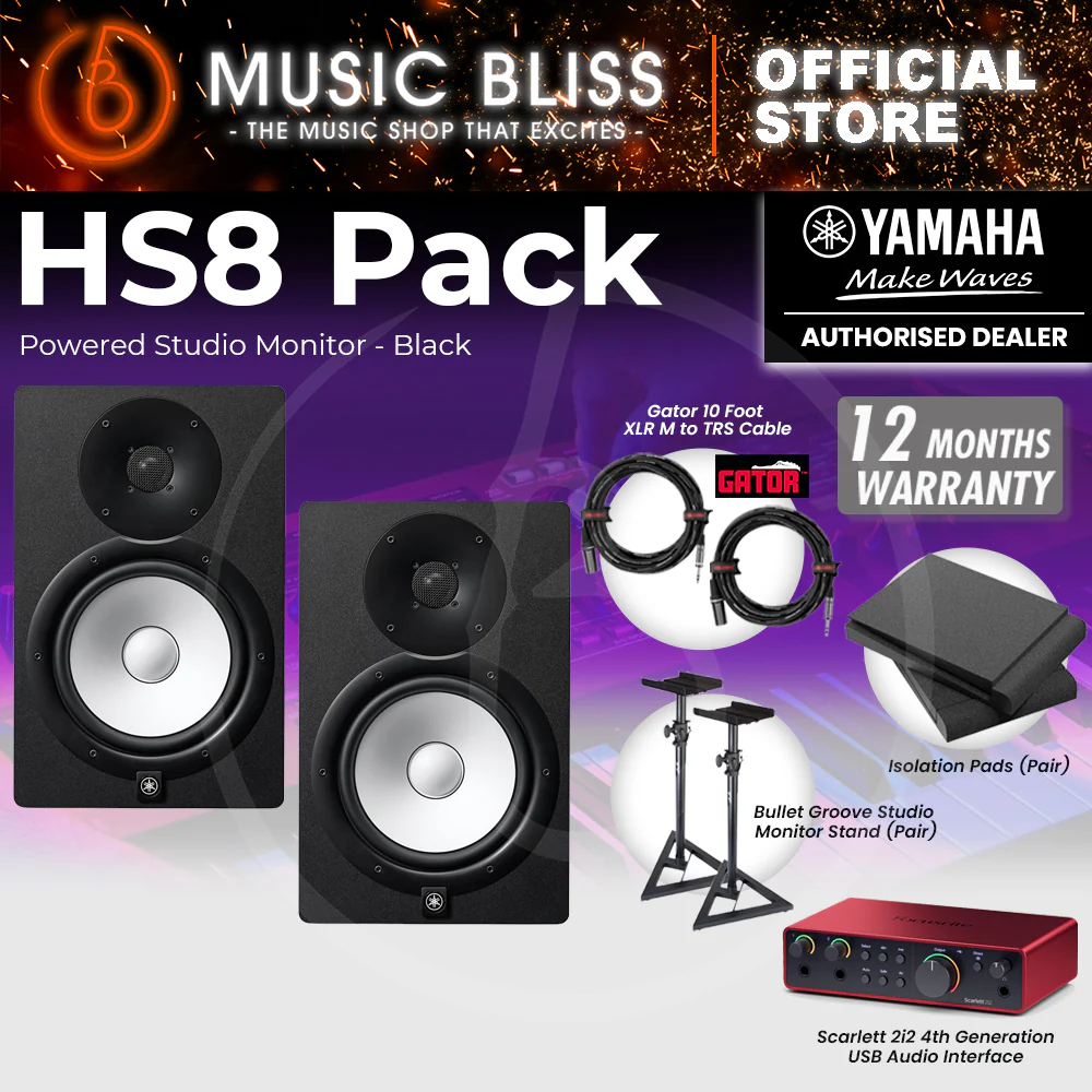 Yamaha HS8 Powered Studio Monitor Speaker Black (Pair) and Focusrite Scarlett 2i2 4th Gen USB Audio Interface Home Studio Bundle with Studio Monitor Stands, Isolation Pads & Gator Cables
