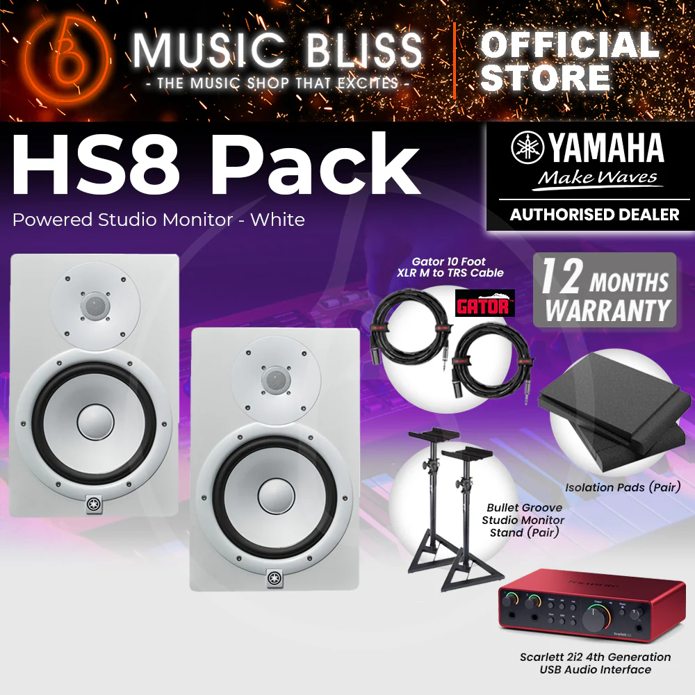 Yamaha HS8 Powered Studio Monitor Speaker White (Pair) and Focusrite Scarlett 2i2 4th Gen USB Audio Interface Home Studio Bundle with Studio Monitor Stands, Isolation Pads & Gator Cables