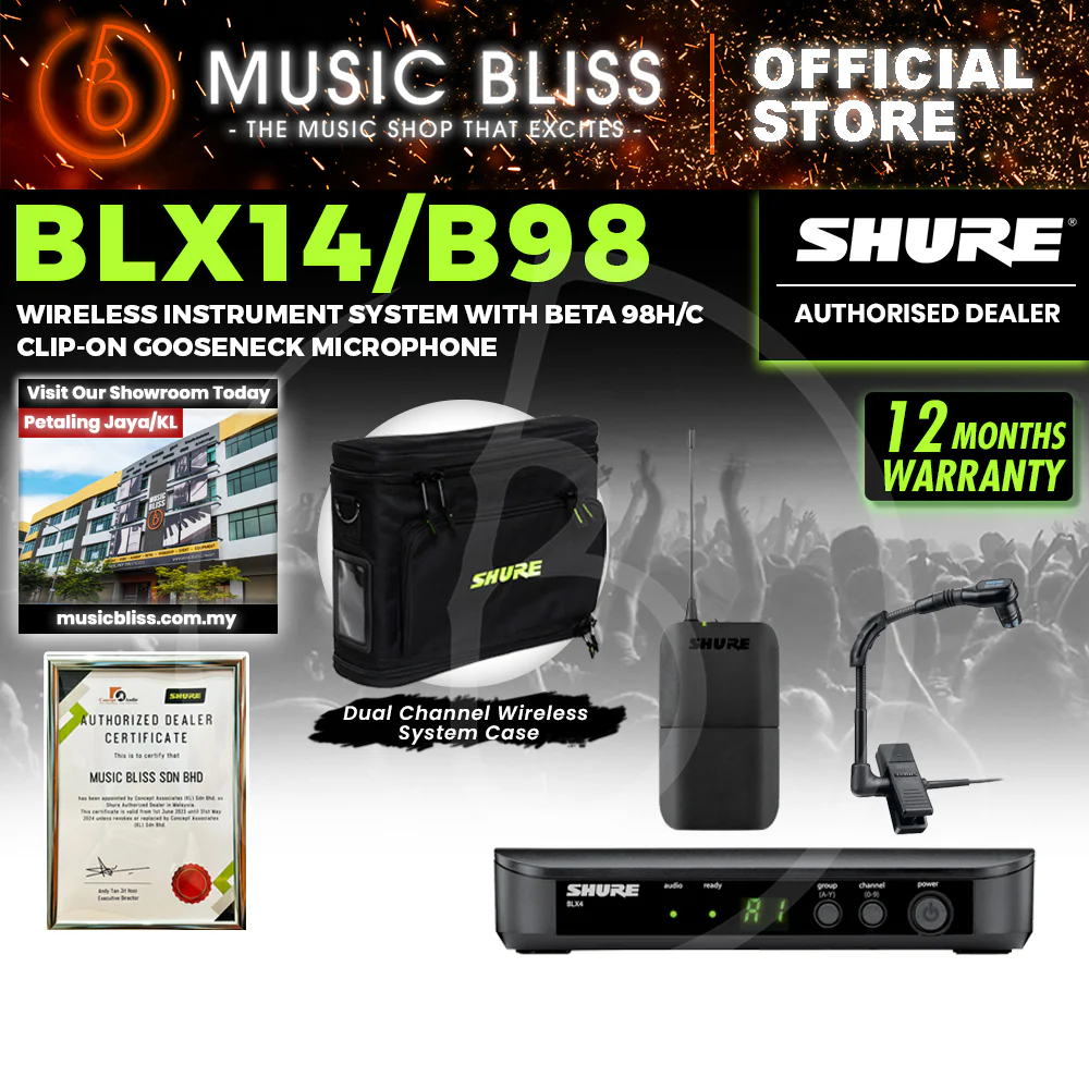 Shure BLX14/B98 Instrument Wireless System, BLX4 Receiver, BLX1 Bodypack Transmitter & Beta 98H/C Cardioid Condenser Microphone - Image 2