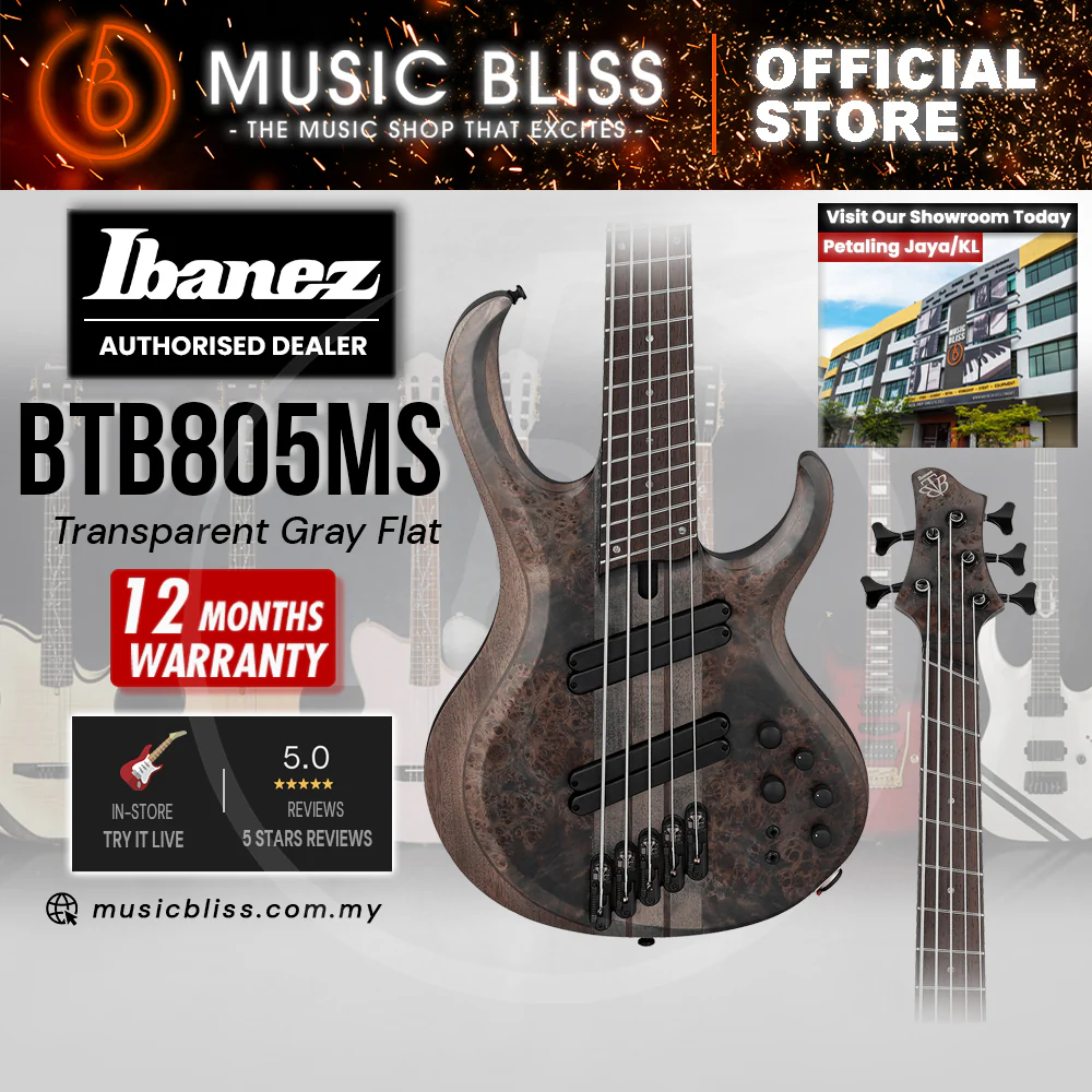 Ibanez BTB805MS 5-string Electric Bass Guitar - Transparent Gray Flat