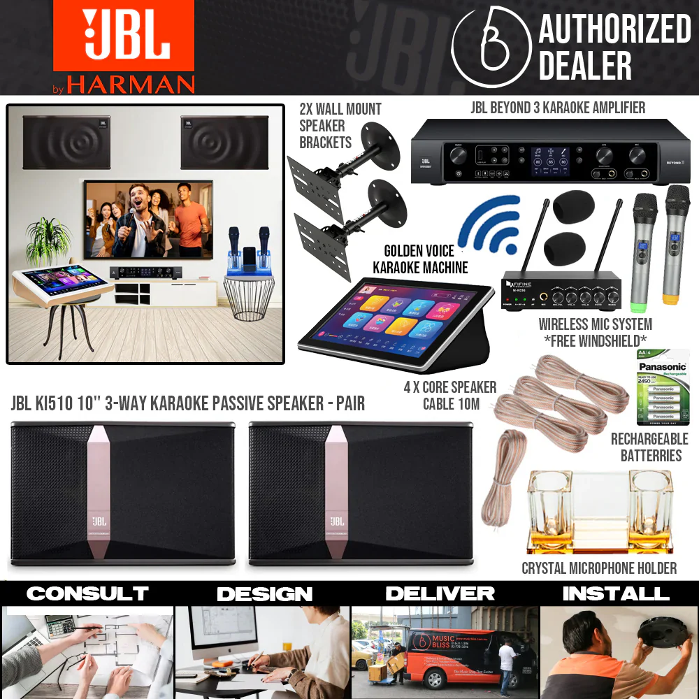 JBL Karaoke System Set Package for Home with Ki510 10'' Passive Speaker, Beyond 3 Amplifier, Karaoke Machine and Wireless Handheld Microphone