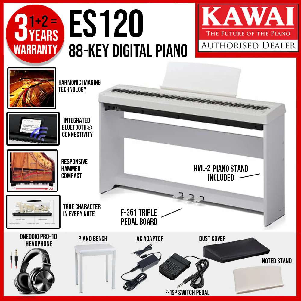 Kawai ES-120 Portable Best Beginner Digital Home Piano - White