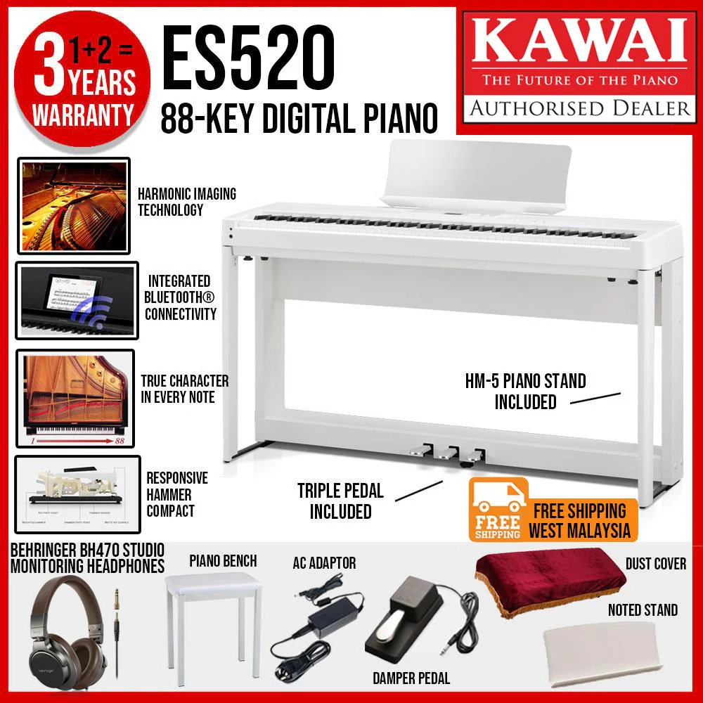 Kawai ES-520 Portable Digital Home Piano - White