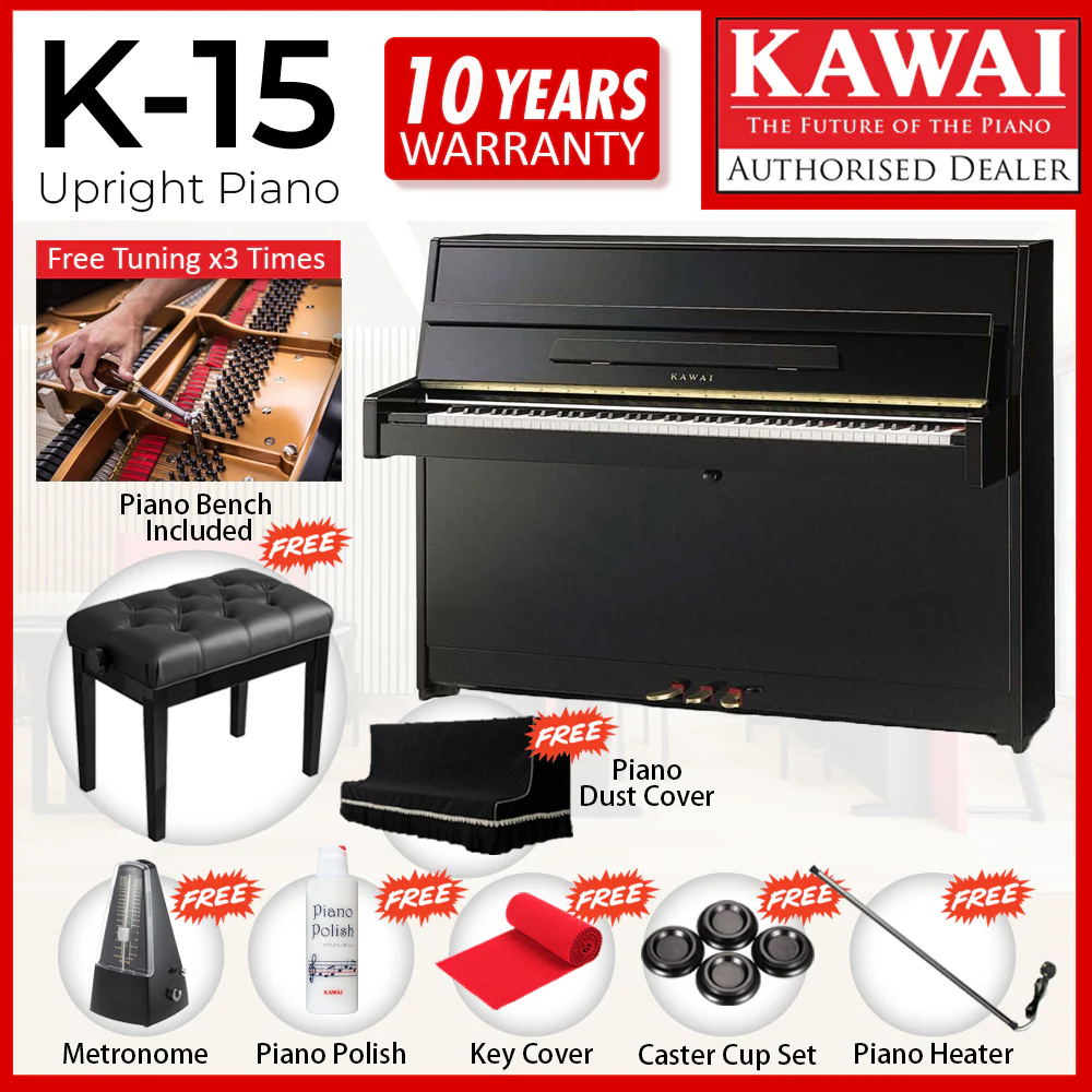 Kawai K-15 Continental Upright Piano - Ebony Polish