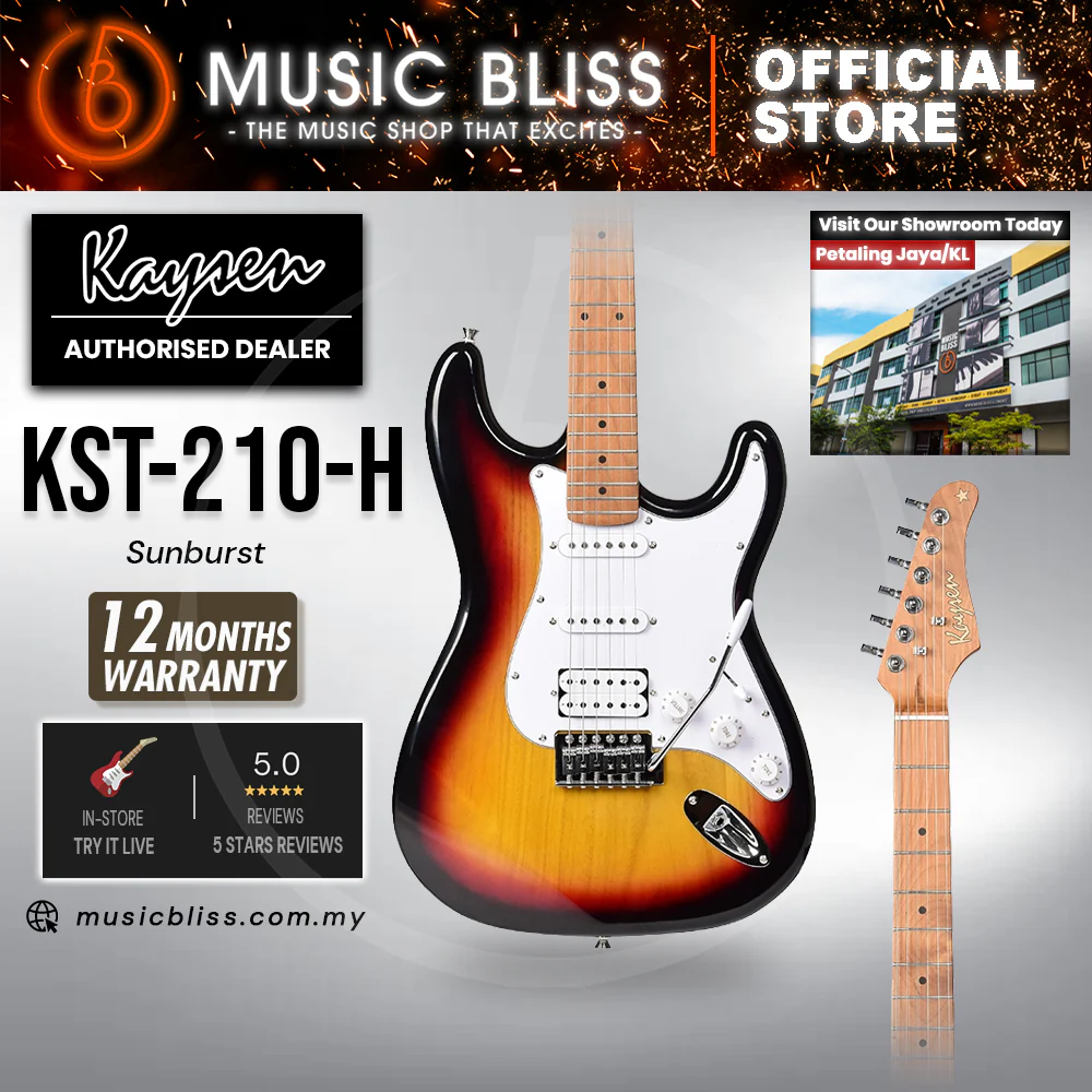 Kaysen KST210-H-SB Budget Beginner Electric Guitar - HSS Strat Style Sunburst for Rock Kapak