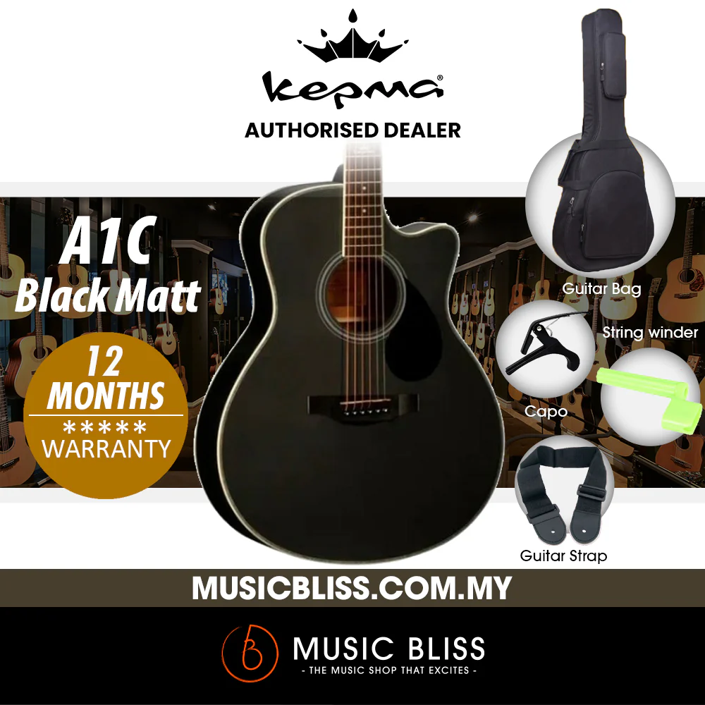 KEPMA A1C Grand Auditorium Acoustic Guitar - Black Matt