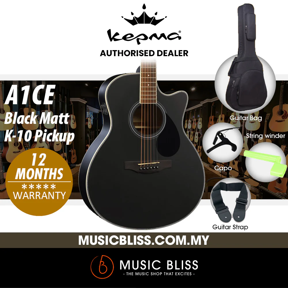 KEPMA A1CE Grand Auditorium Acoustic Guitar with K-10 Pickup - Black Matt
