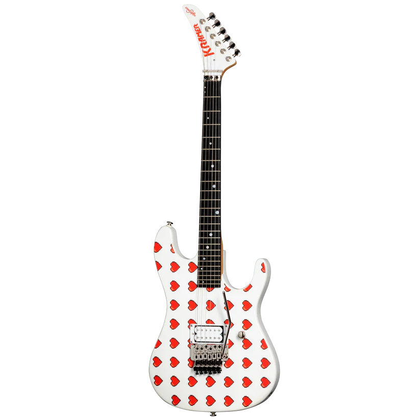 Kramer NightSwan Pixel Hearts Electric Guitar with Premium Gig Bag - Pearl White with Hearts - Image 2