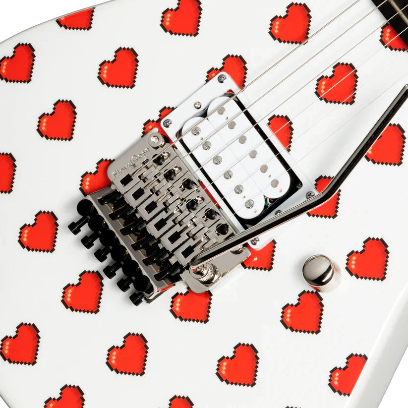 Kramer NightSwan Pixel Hearts Electric Guitar with Premium Gig Bag - Pearl White with Hearts - Image 3