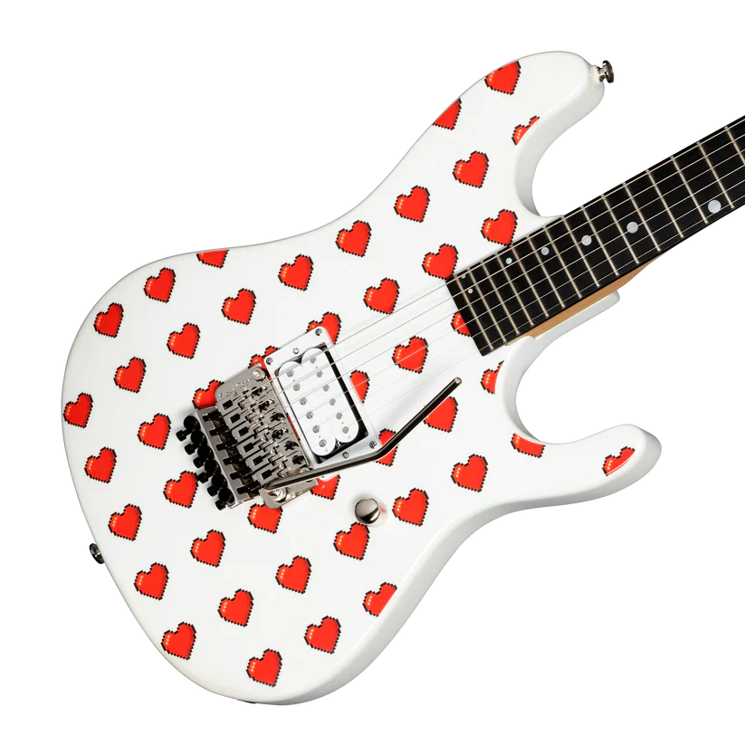 Kramer NightSwan Pixel Hearts Electric Guitar with Premium Gig Bag - Pearl White with Hearts - Image 4