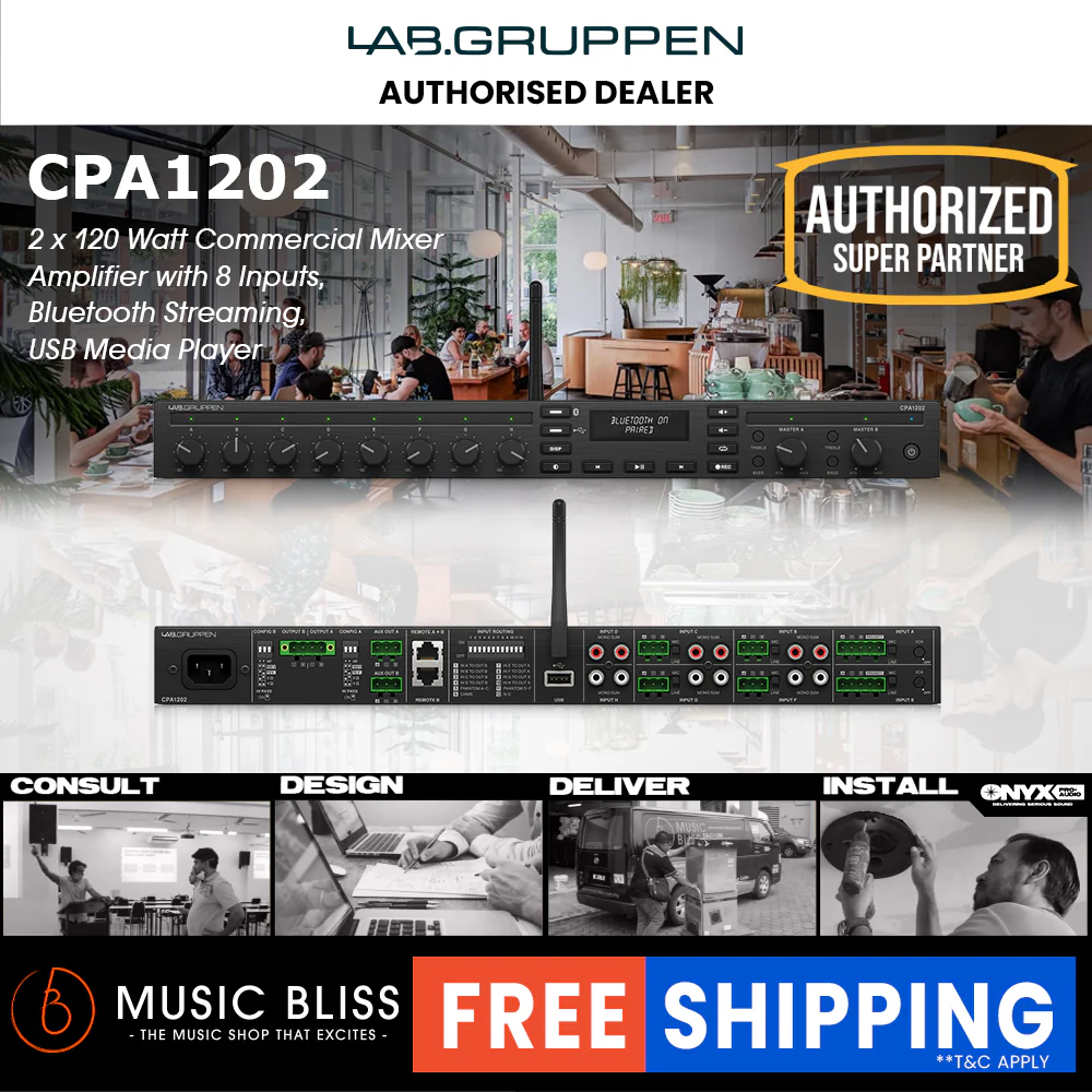 Lab Gruppen CPA1202 2 x 120W Commercial Mixer Amplifier with 8 Inputs, Bluetooth* Streaming, USB Media Player
