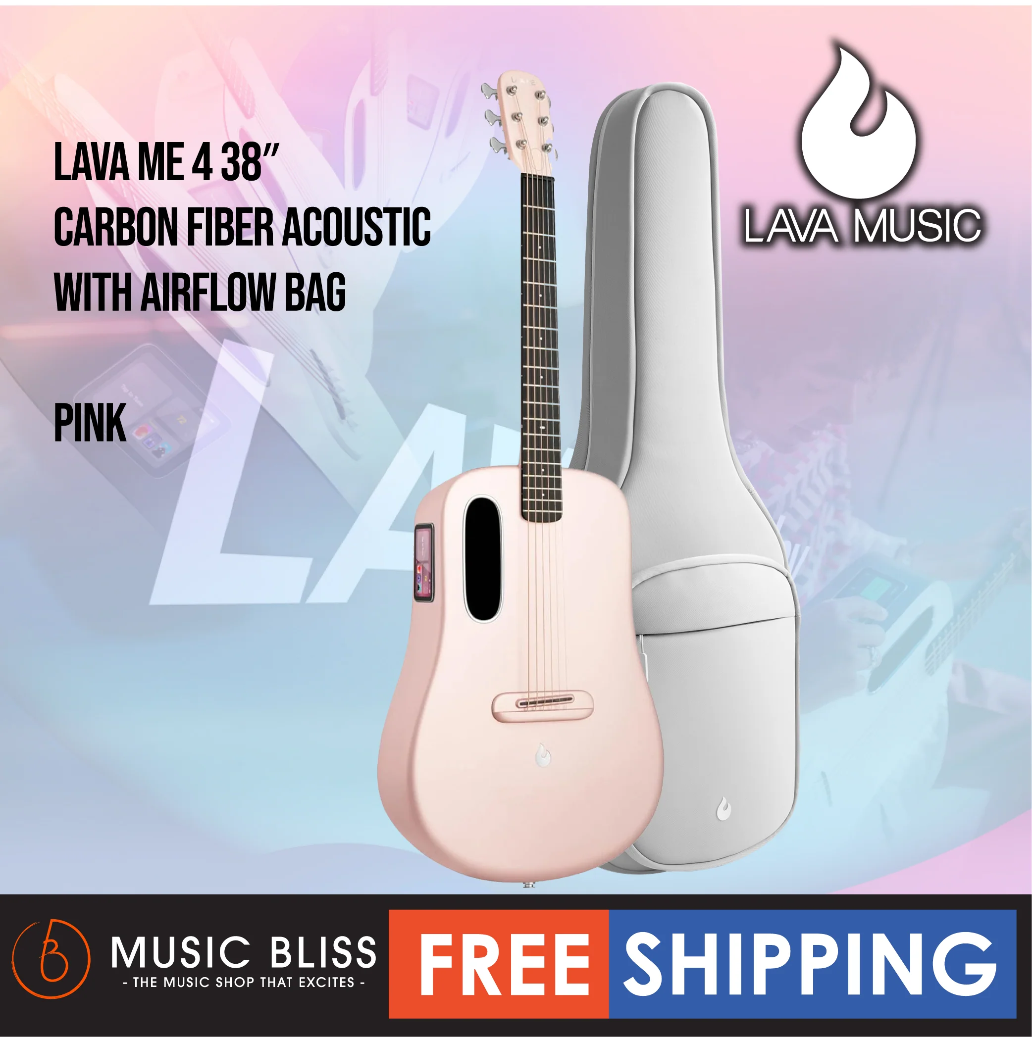 Lava ME 4 38″ Carbon Fiber Acoustic-Electric Guitar with Airflow Bag - Pink