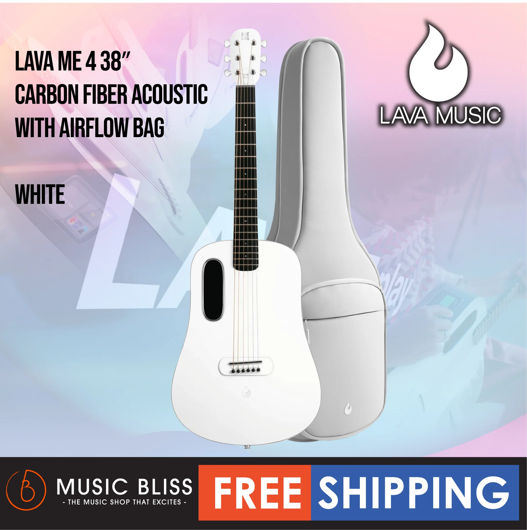 Lava ME 4 38″ Carbon Fiber Acoustic-Electric Guitar with Airflow Bag - White