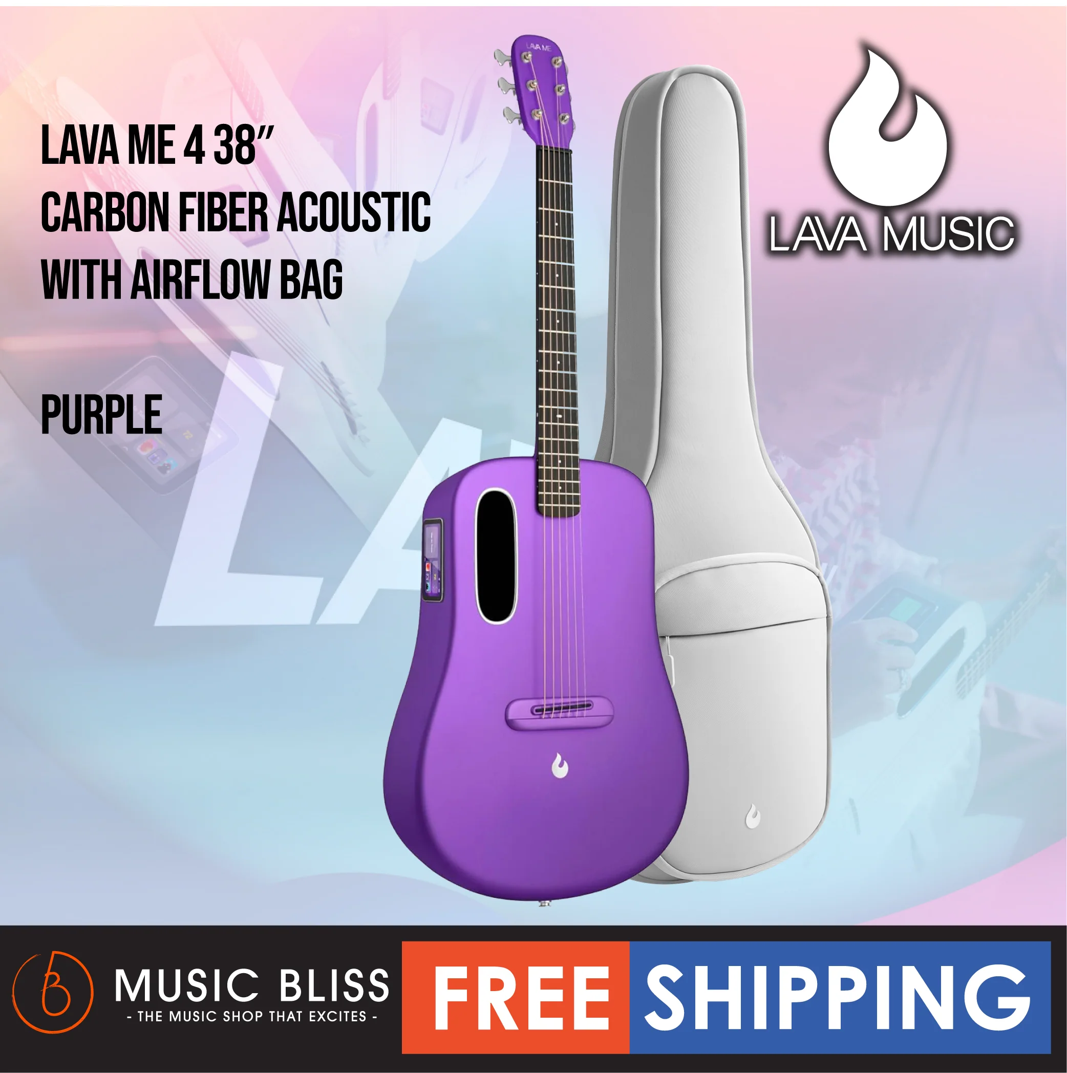 Lava ME 4 38″ Carbon Fiber Acoustic-Electric Guitar with Airflow Bag - Purple