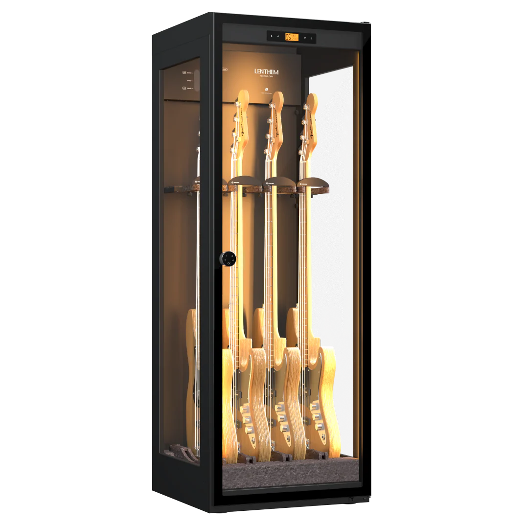 Lenthem CMI-335DT Humidity-Control & Triple Glass Dry Guitar Cabinet for 3 Electric, Acoustic or Bass Guitars - Black - Image 2