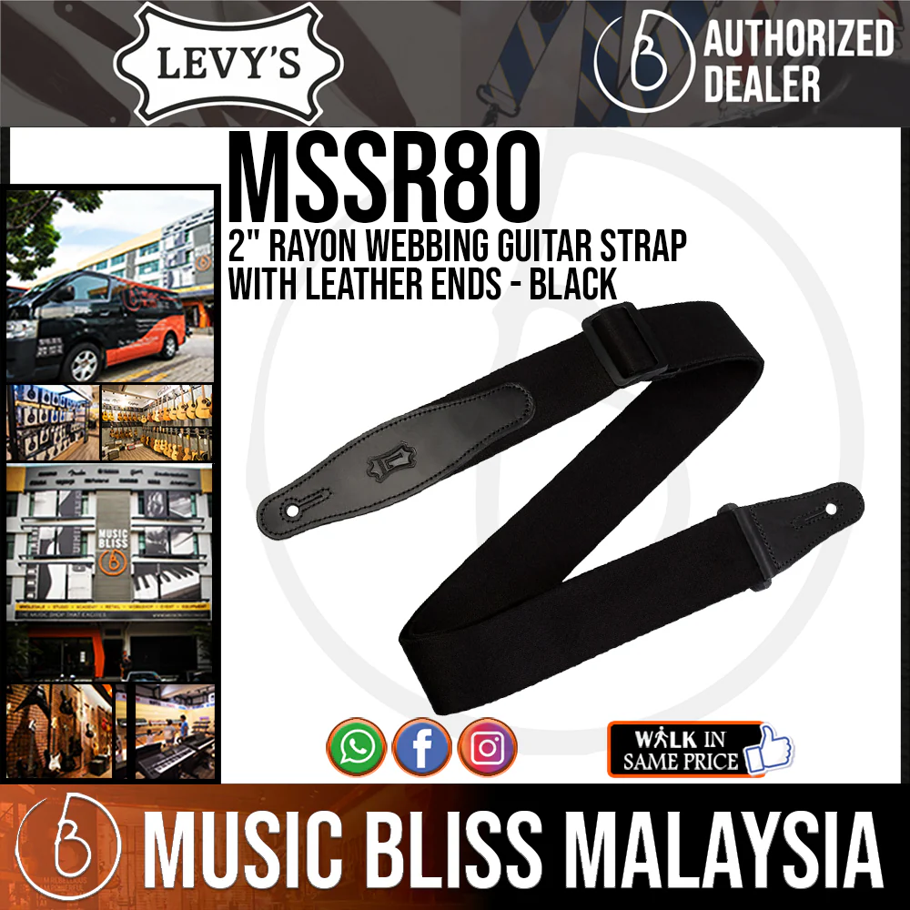 Levy's MSSR80 2" Rayon Webbing Guitar Strap with Leather Ends - Black