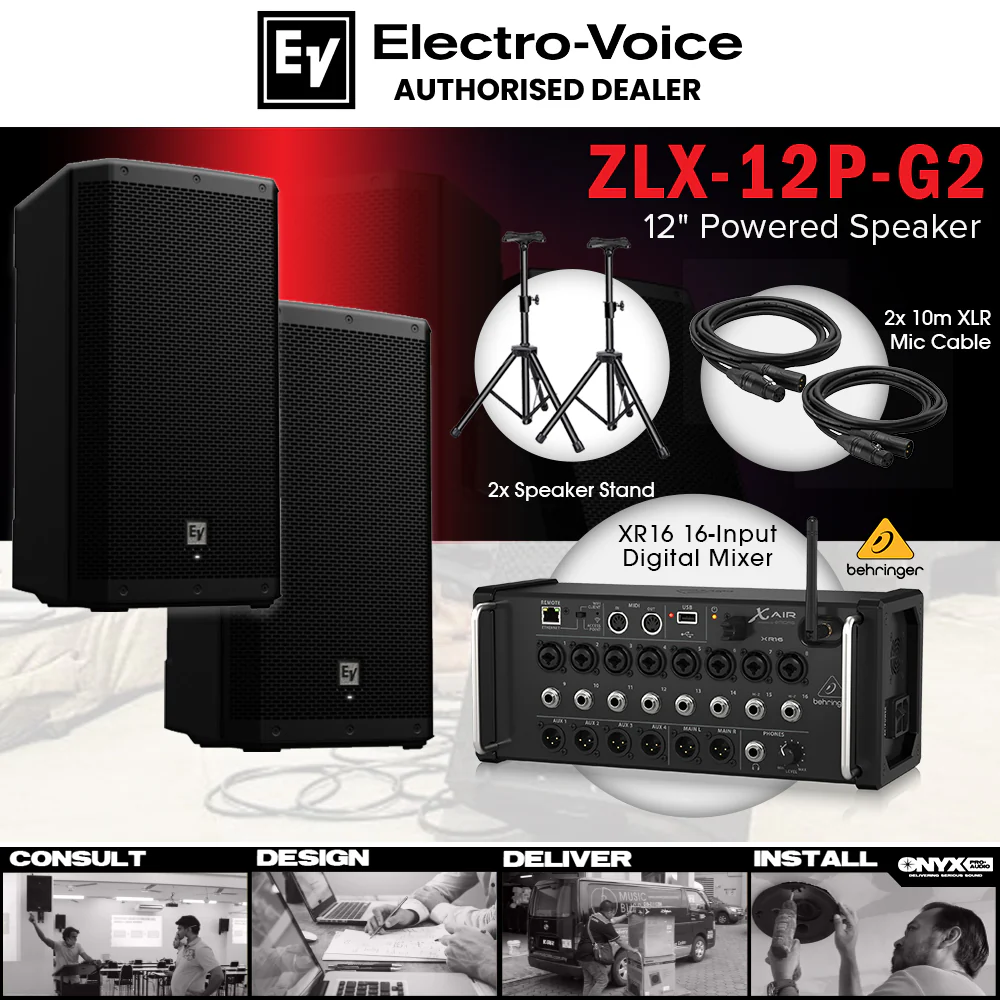 Live Band Package Behringer X Air XR16 Digital Mixer, Electro-Voice ZLX-12P G2 1000 watts Powered Speakers with XLR cables and Speaker stands