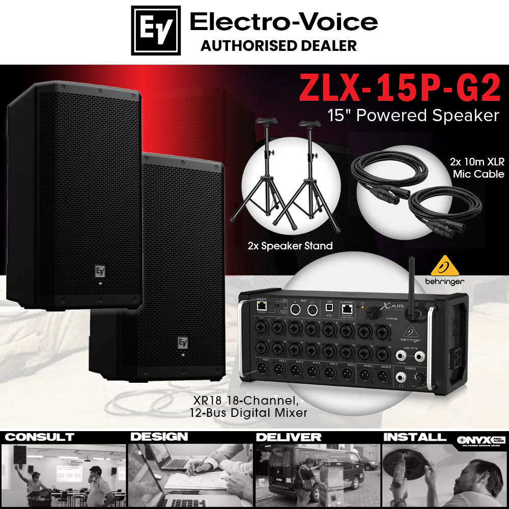 Live Band Package Behringer X Air XR18 Digital Mixer, Electro-Voice ZLX-15P G2 1000 watts Powered Speakers with XLR cables and Speaker stands