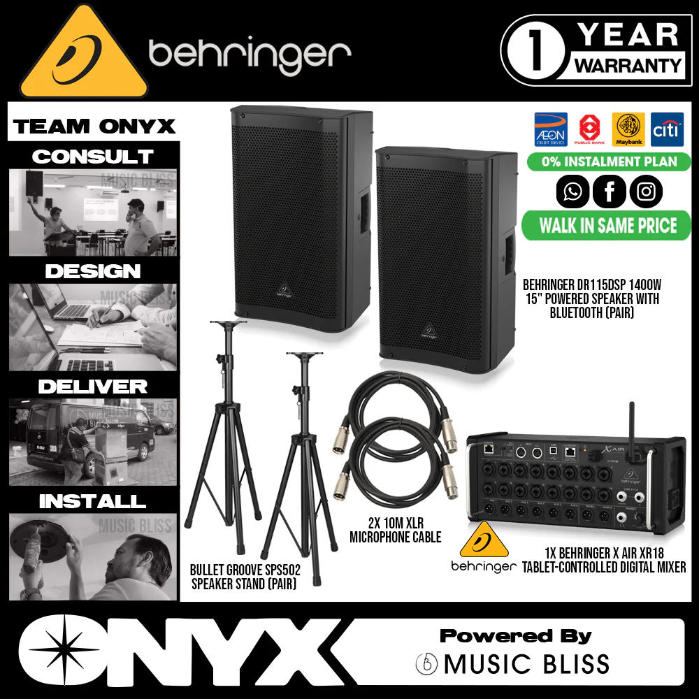 Live Band Package Behringer X Air XR18 Digtal Mixer, Behringer DR115DSP 1400 watts Powered Speakers with Bluetooth with XLR cables and Speaker stands