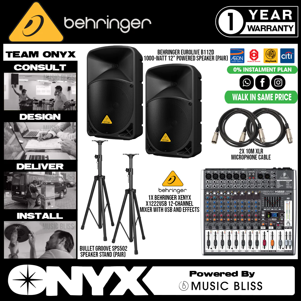 Live Band Package Behringer Xenyx X1222USB Mixer, Behringer Eurolive B112D 1000 watts Powered Speakers with XLR cables and Speaker stands