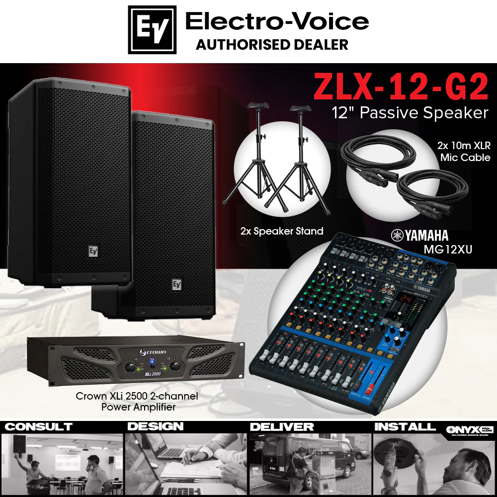 Live Band Package Yamaha MG12XU Analog Mixer, Electro-Voice ZLX-12 G2 Passive Speakers, Crown XLi 2500 watts Power Amplifier with Speaker cables and Speaker stands