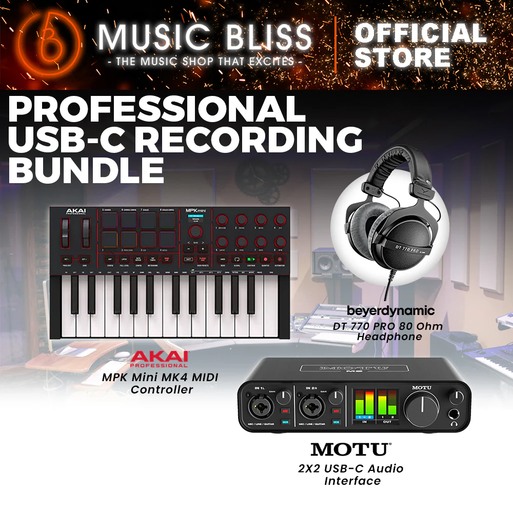 PROFESSIONAL USB-C RECORDING BUNDLE: Motu M2 Audio Interface, Beyerdynamic DT 770 PRO Professional Monitoring Headphones, AKAI MPK Mini MK4 Midi Controller