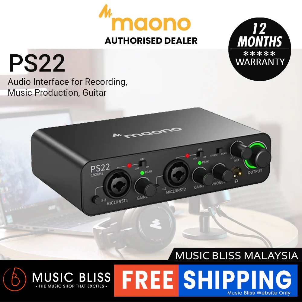 MAONO PS22 Black USB Audio interface for PC with 60 dB Pro-preamp, 24bit/192kHz, Dual USB interface for PC&Smartphone, Routing Software for Home Recording, Music Production, Guitar, Podcast, Streaming