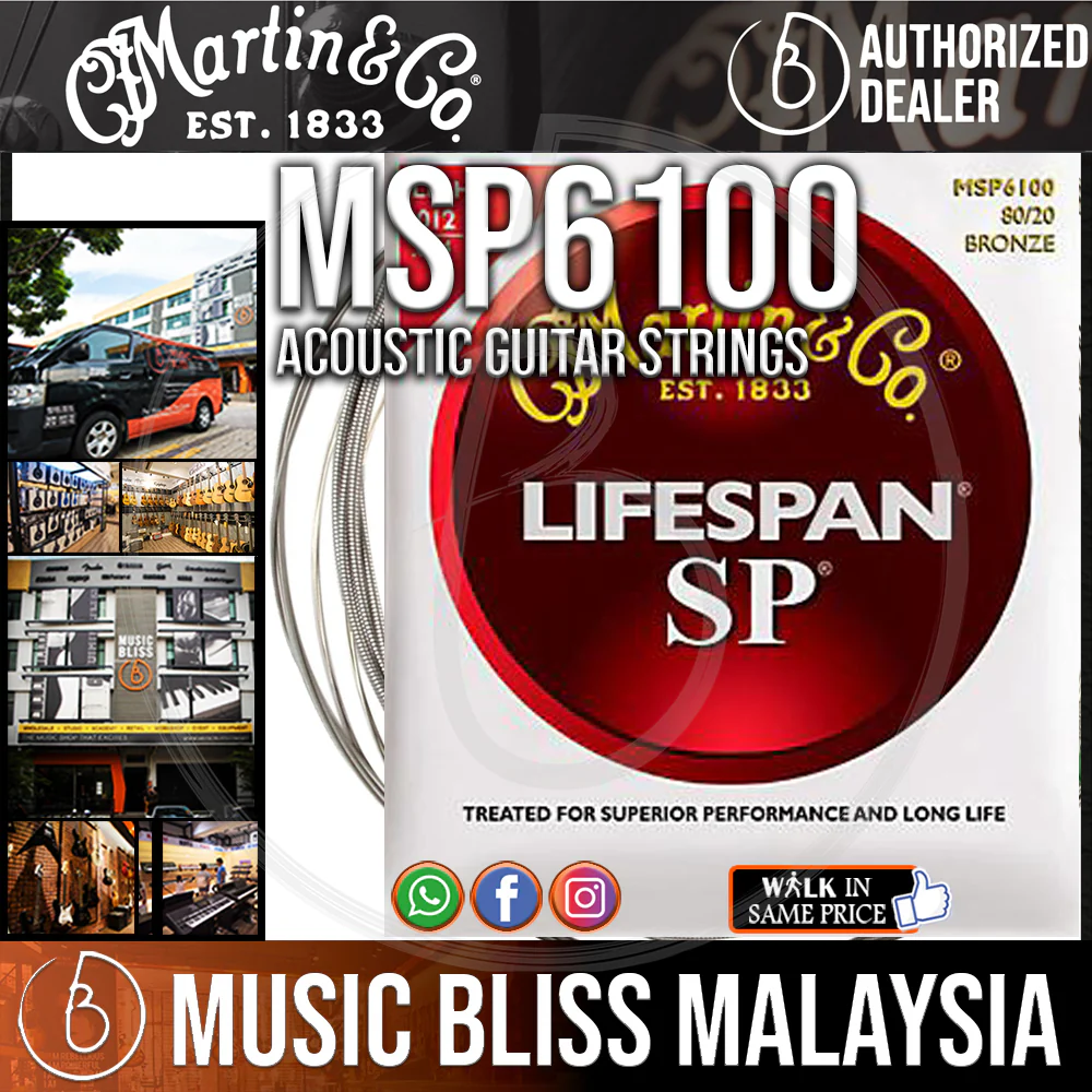 Martin MSP6100 SP Lifespan Acoustic Guitar Strings, Light, 80/20 Bronze 012-054