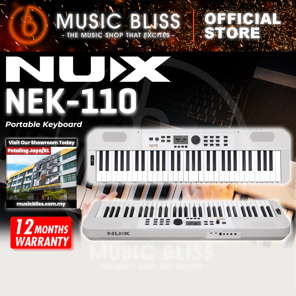 Nux NEK-110 61 Keys Portable Digital Electronic Keyboard with Touch Response and Bluetooth - White