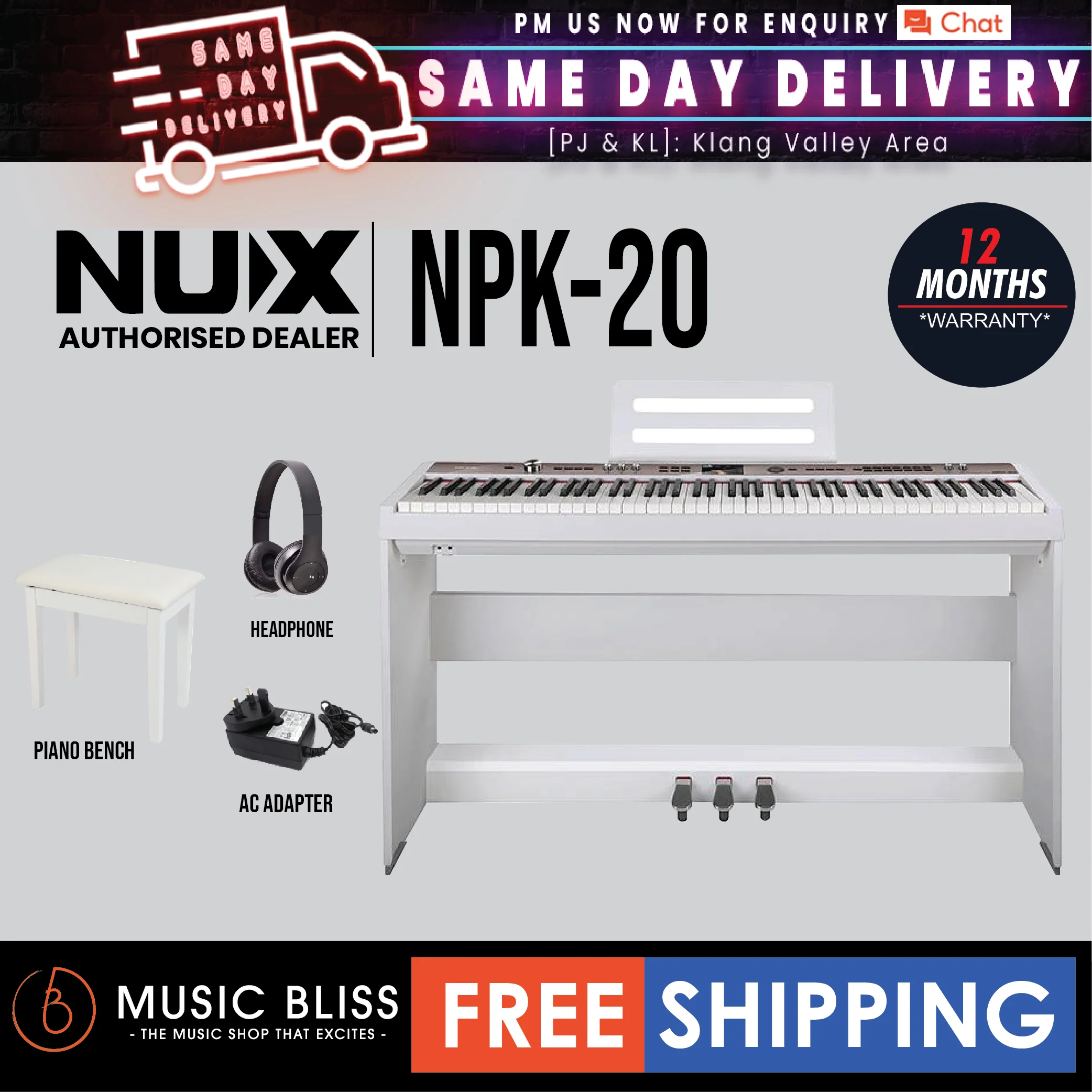NUX NPK-20 88-Key Portable Digital Piano with Wooden Stand and 3 Pedals - White