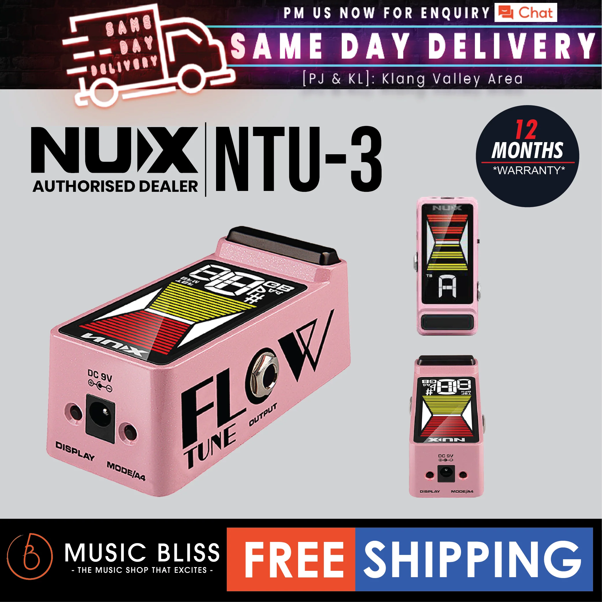 NUX NTU-3 Flow Tune True And Buffered Bypass Mini Guitar Pedal Tuner - Pink